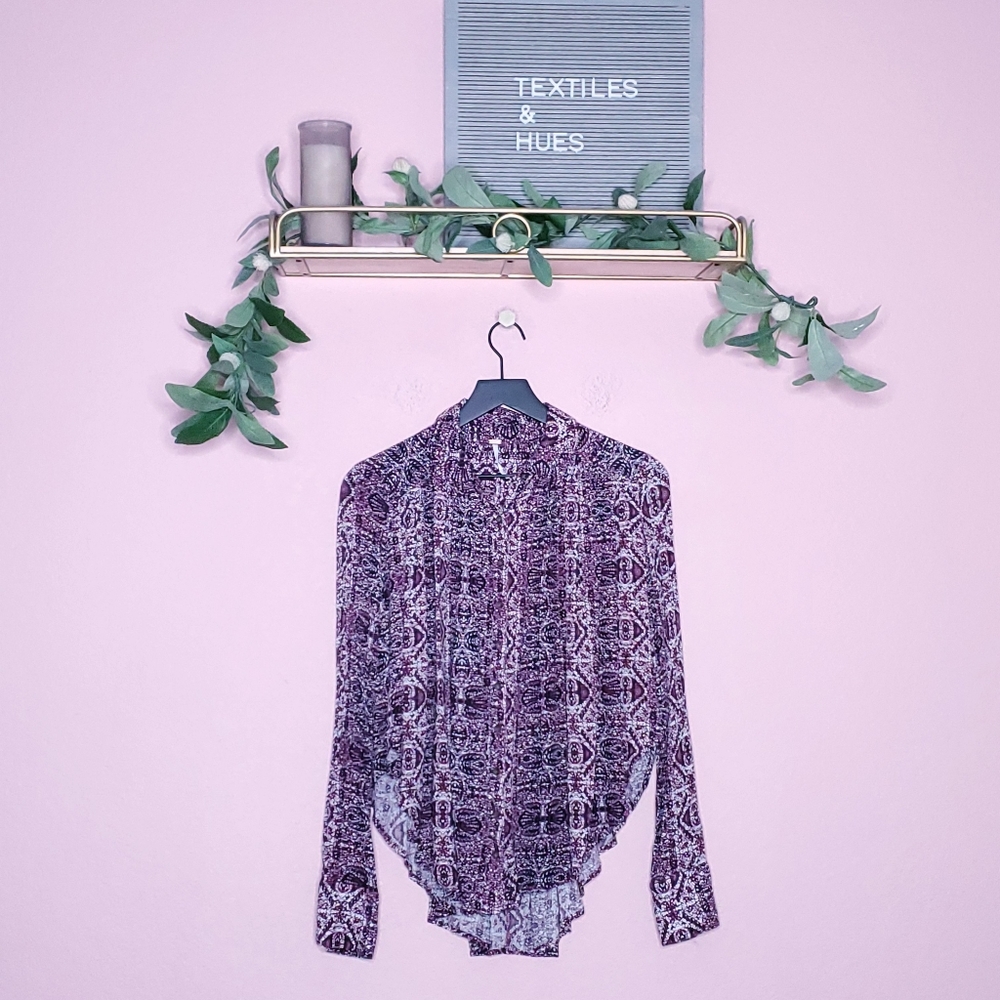 Free People Long Sleeve Split Side Button Down Print Shirt